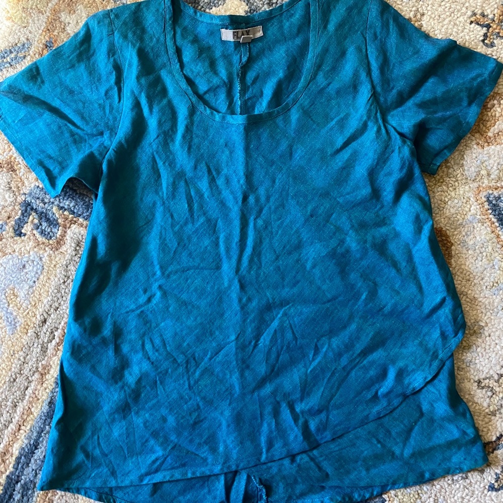 FLAX linen wrap front top blue green medium